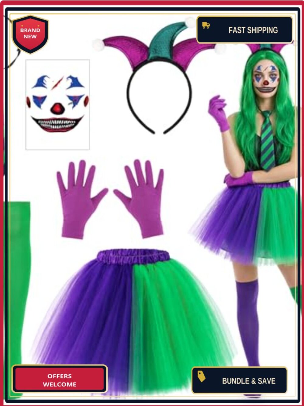 Clown Costume Accessory Set 5 Piece Joker Headband Tie Skirt Gloves Socks